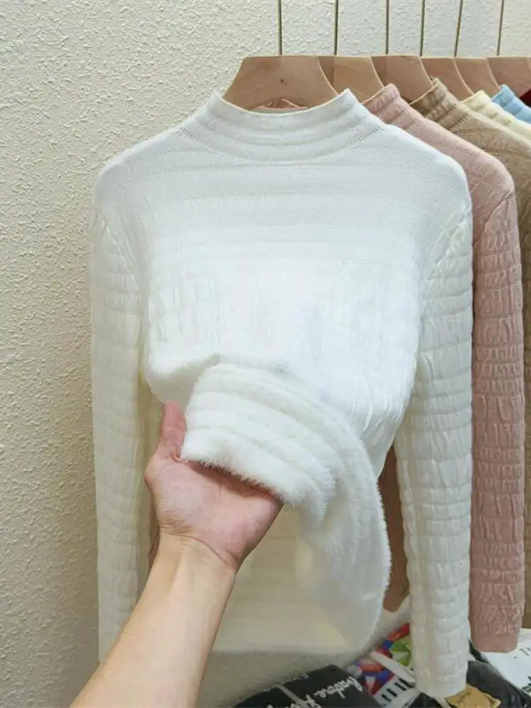 

Autumn Winter Korean Fashion Solid Half Height Collar Velvet Knit Sweater Women Warm Long Sleeve Pullovers Tops Casual Popular