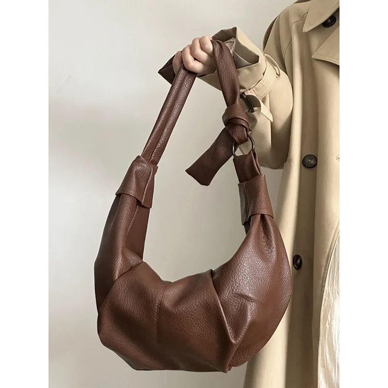 

Korean Style Vintage Soft Leather Pleated Slouchy Croissant Hobo Bag Versatile Casual Shoulder Crossbody Bag For Women Commute