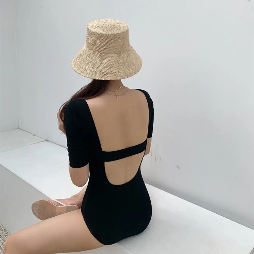 

Women Swim Suit Solid Color Hollow Out Swimsuit Slim Design Mesh Cut Backless Swimsuit High Waist Short Sleeve Swimwear Bath