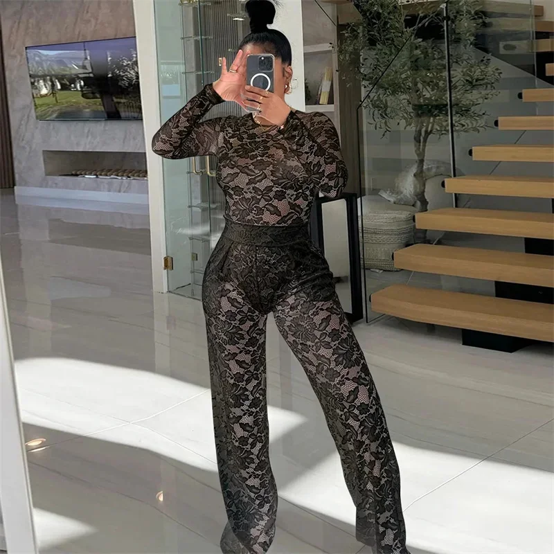 Sexy Lace 2 Piece Sets Women Long Sleeve See Through Skinny Lace Bodysuit Top High Waist Loose Wide Leg Pants Night Club Outfits