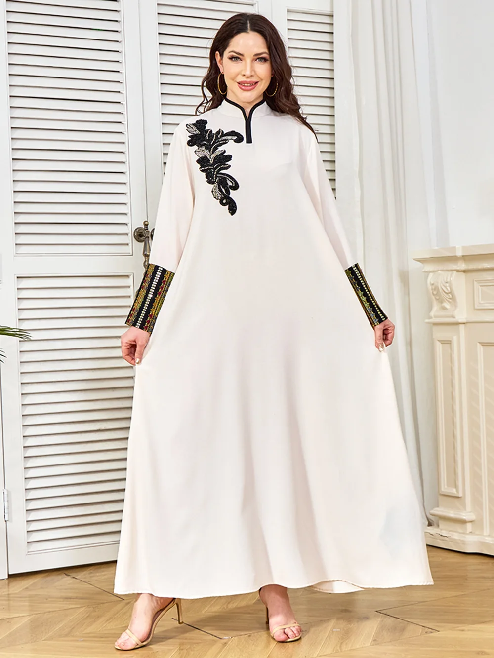 Ramadan Jalabiya for Women, Party Arabic Dress, Thread Embroidery, Beading, Stand Collar, Islamic Kaftan, Moroccan Caftan, Abaya