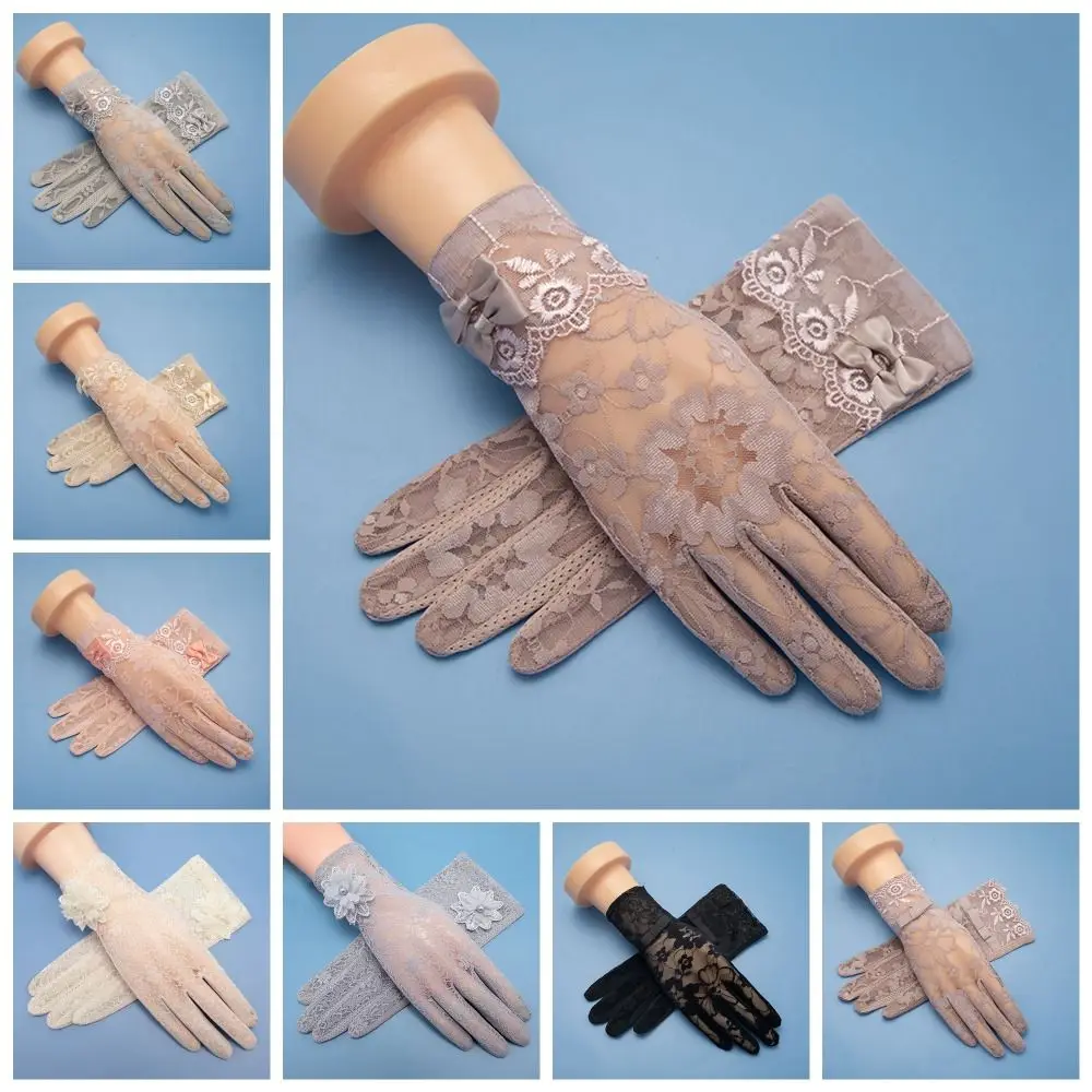 

Fashion Ice Silk Sunscreen Gloves Bow Tie Snow Lotus Lace Gloves Thin Breathable Sun Protection Gloves Wedding