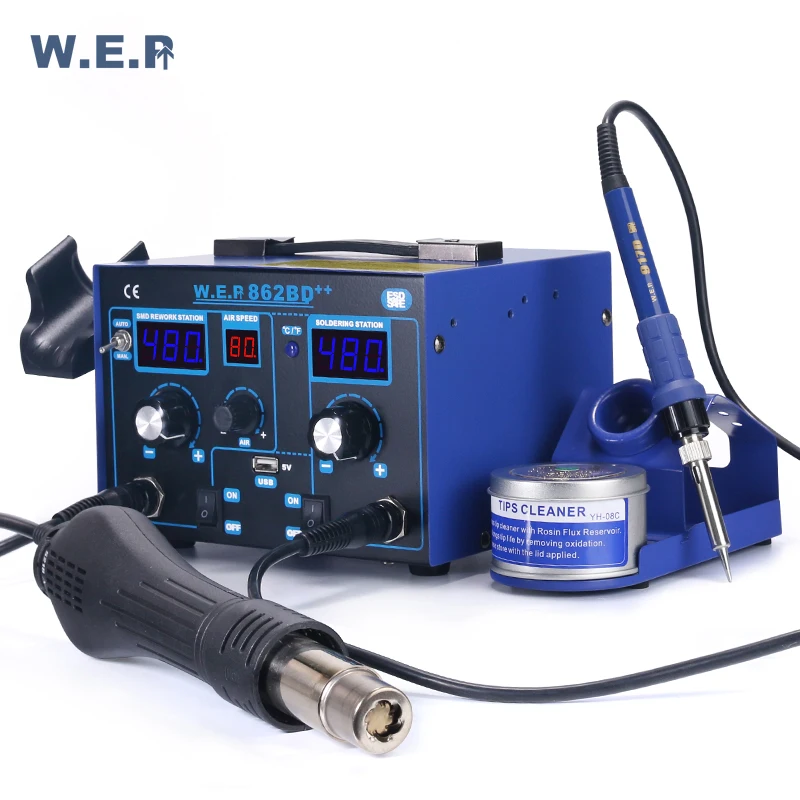 

Паяльная станция WEP 862BD++ 2-в-1 с USB-портом, многофункциональная, для пайки и демонтажа компонентов, с горячим воздухом
