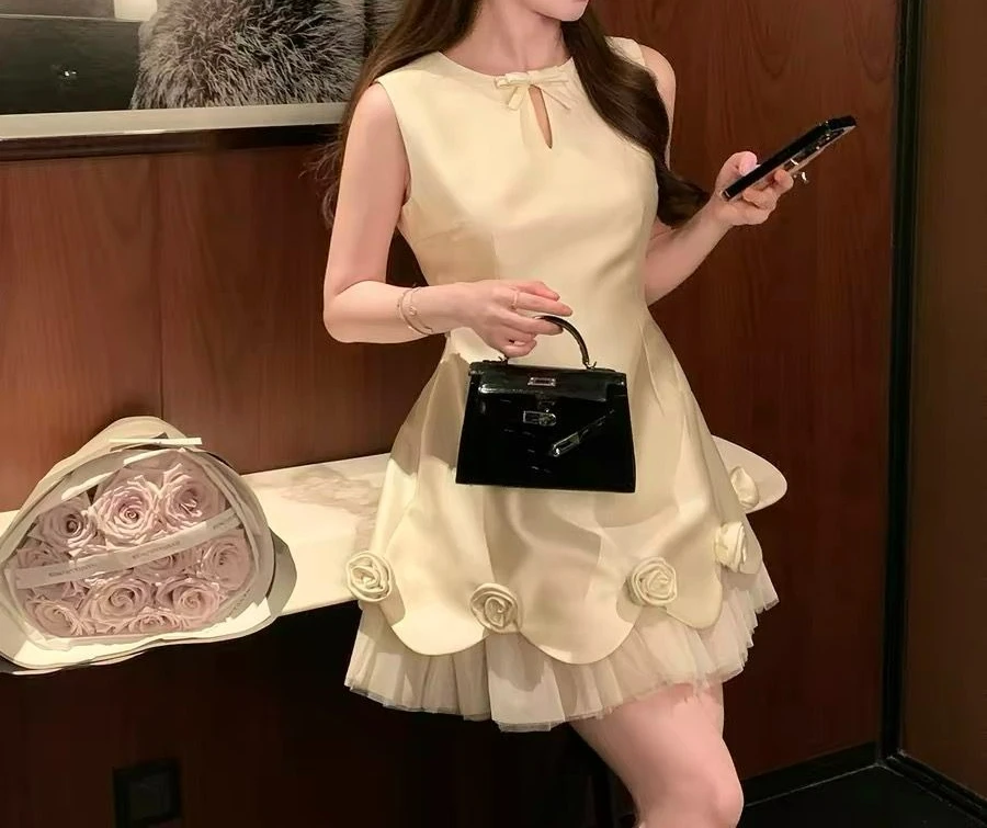 Sleeveless Waist Dress Design Birthday Dress Three-dimensional Rose Princess Dress