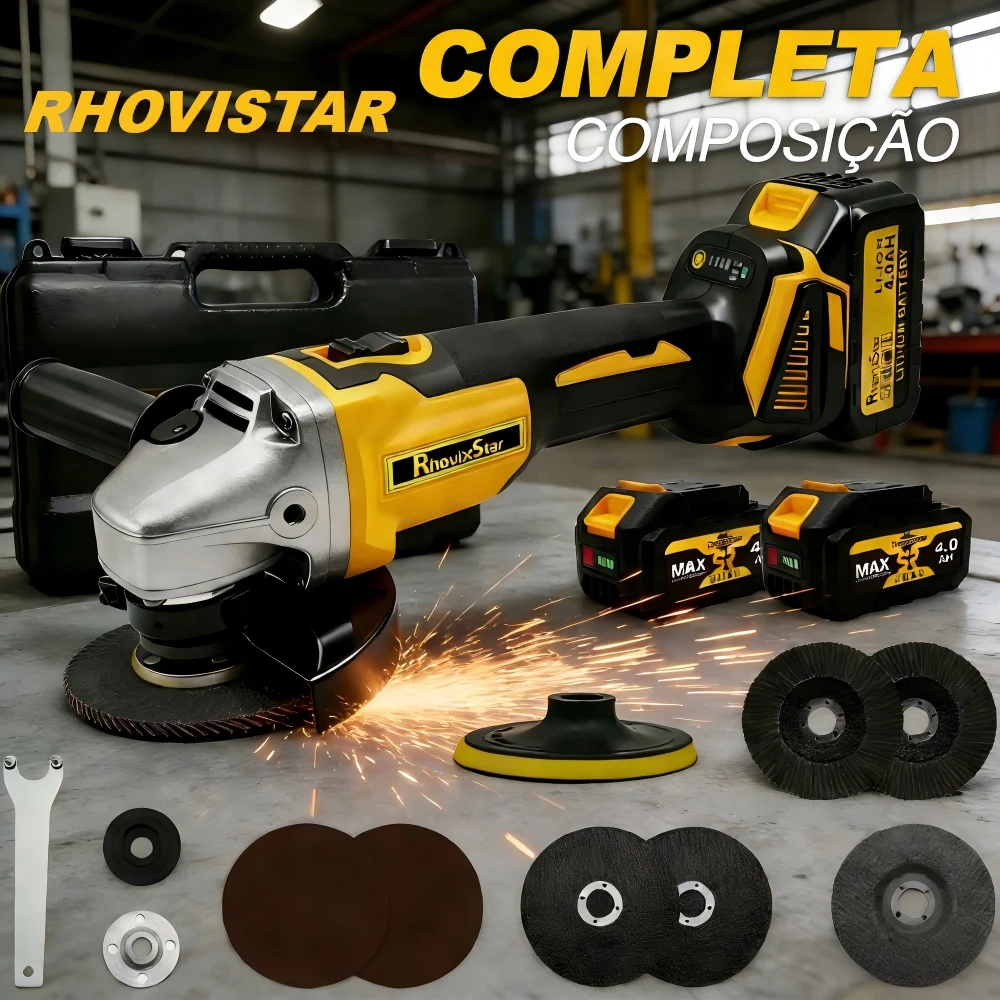 Esmerilhadeira Angular Rhovistar 20V 1400W 2 Baterias 4.0Ah, Carregamento Rápido, Kit Completo com Discos e Maleta de Transporte