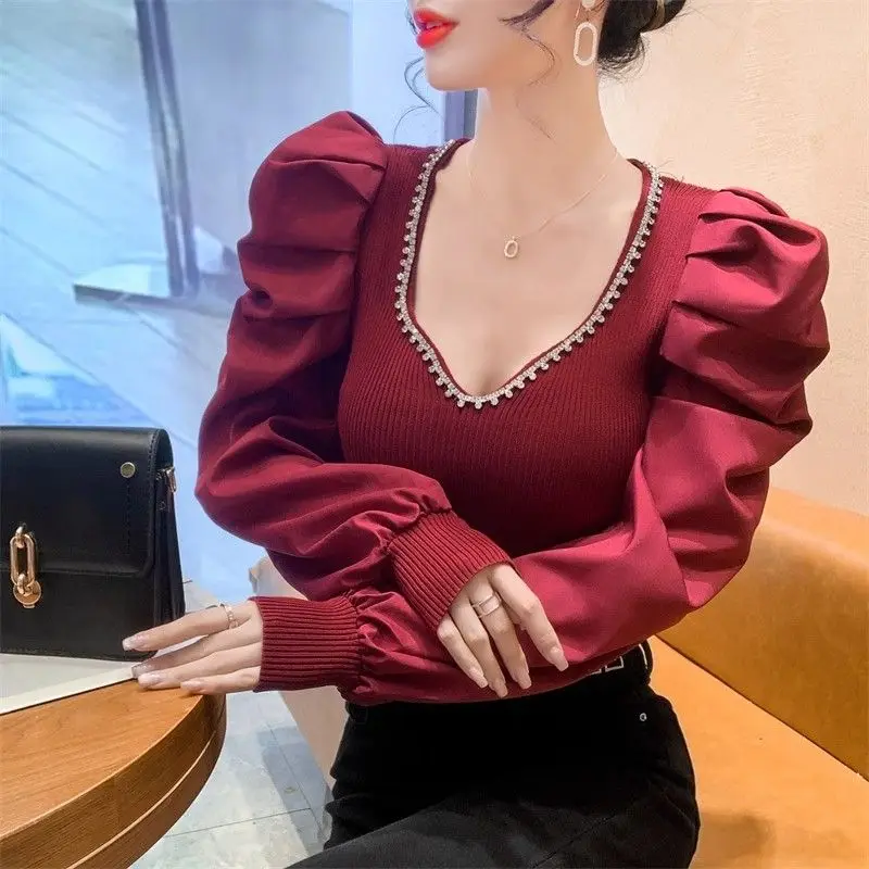 V Neck Knitting Slim Short Pullovers Top Autumn Winter New Long Sleeve Solid Color Youth Swetry Moda Elegancka Odzież Damska