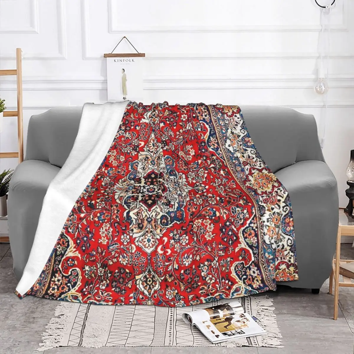 Red Blue Sarouk Persian Carpet Print Anime Blanket Throw Blanket Custom Blanket Personalized Throw Blanket