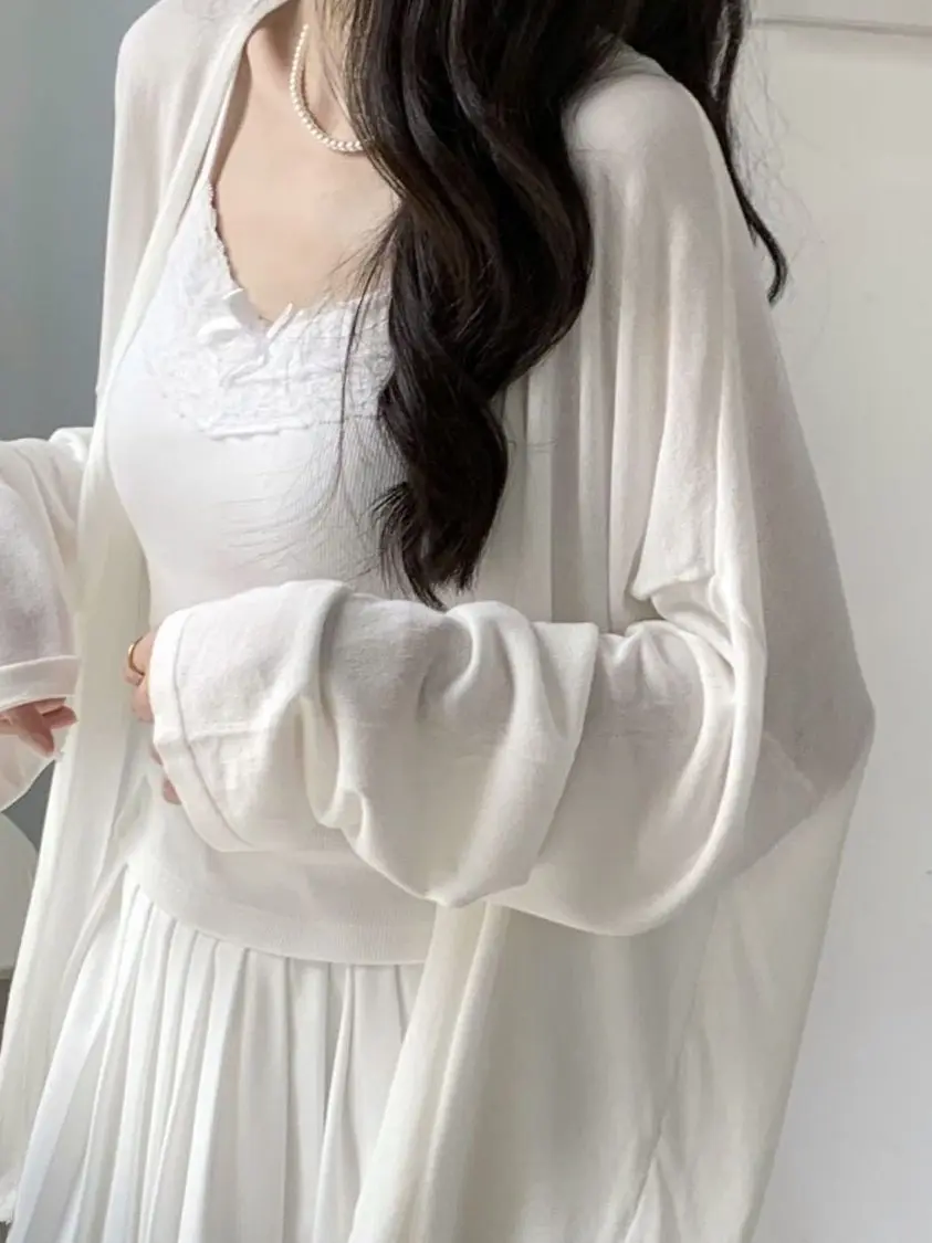 

Elegant Ice Silk Thin Women's Spring Summer Outerwear Long Sleeve Cover up Top with Strap Vest And Mesh Sleeveless Dress