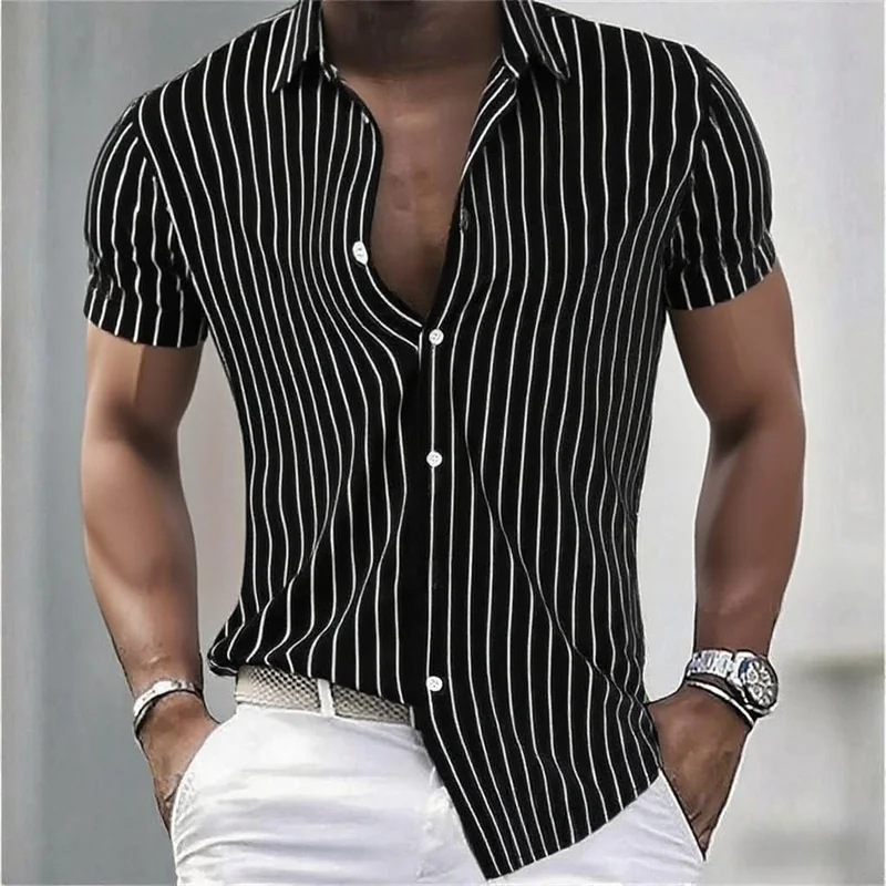 メンズシャツストライプスリムフィット半袖シャツ、通気性ラペルボタンファッションアロハシャツ、快適な生地XS-6XL