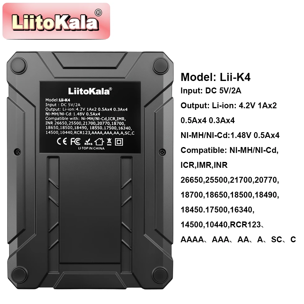 LiitoKala New Lii-K4 Li-ion NI-MH/NI-Cd Smart Charger for 18650/21700/26650/AA/AAA - LCD Display & USB Power Bank Function