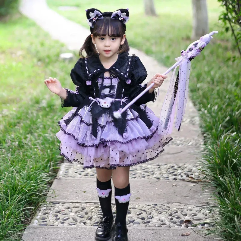 Hot Kawaii Autumn Girl Kuromi Lolita Sling Halloween Cos Children'S Fluffy Princess Dressx;8's,6;