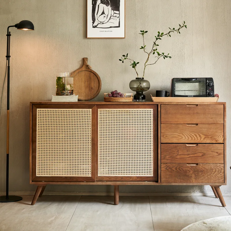 Japanese-style household multi-functional rattan dining side cabinet Modern simple multi-functional ash wood solid wood double d