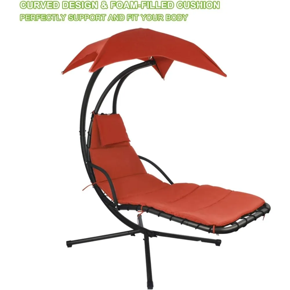 كرسي أرجوحة خارجي برتقالي مع كرسي مبطن، وأرجوحة معلقة، وحامل مظلة من الشمس