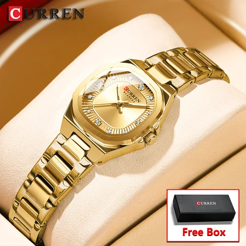 Imagen 1 del producto Reloj CURREN Gold para mujer con detalles de diamantes, elegante banda de acero inoxidable, diseño elegante viene con caja gratis