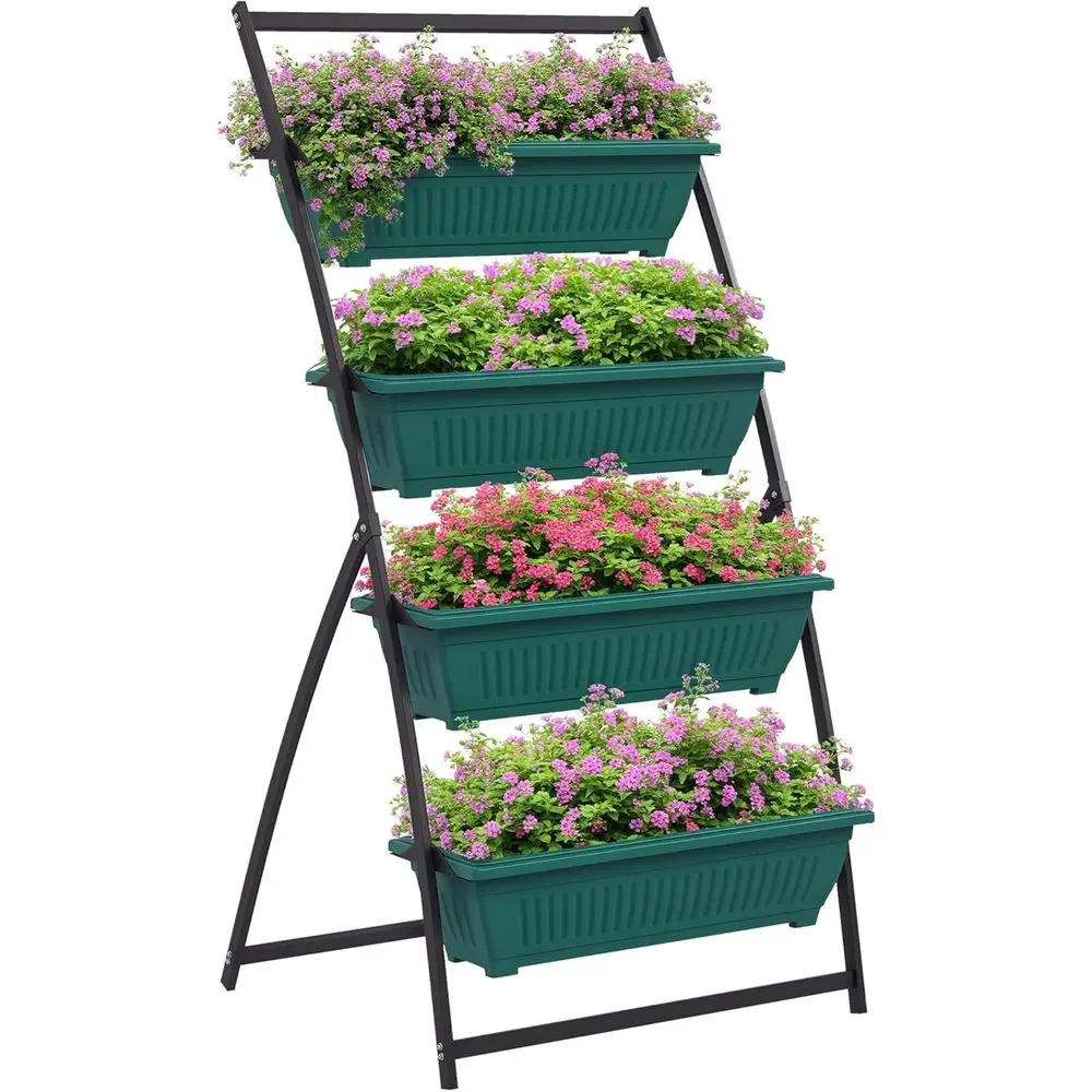 4-Tier Elevated Garden Planter Set, Outdoor Multi-Level Plant Boxes with Drainage, Ideal for Vegetables, Flowers & Herbs, Green