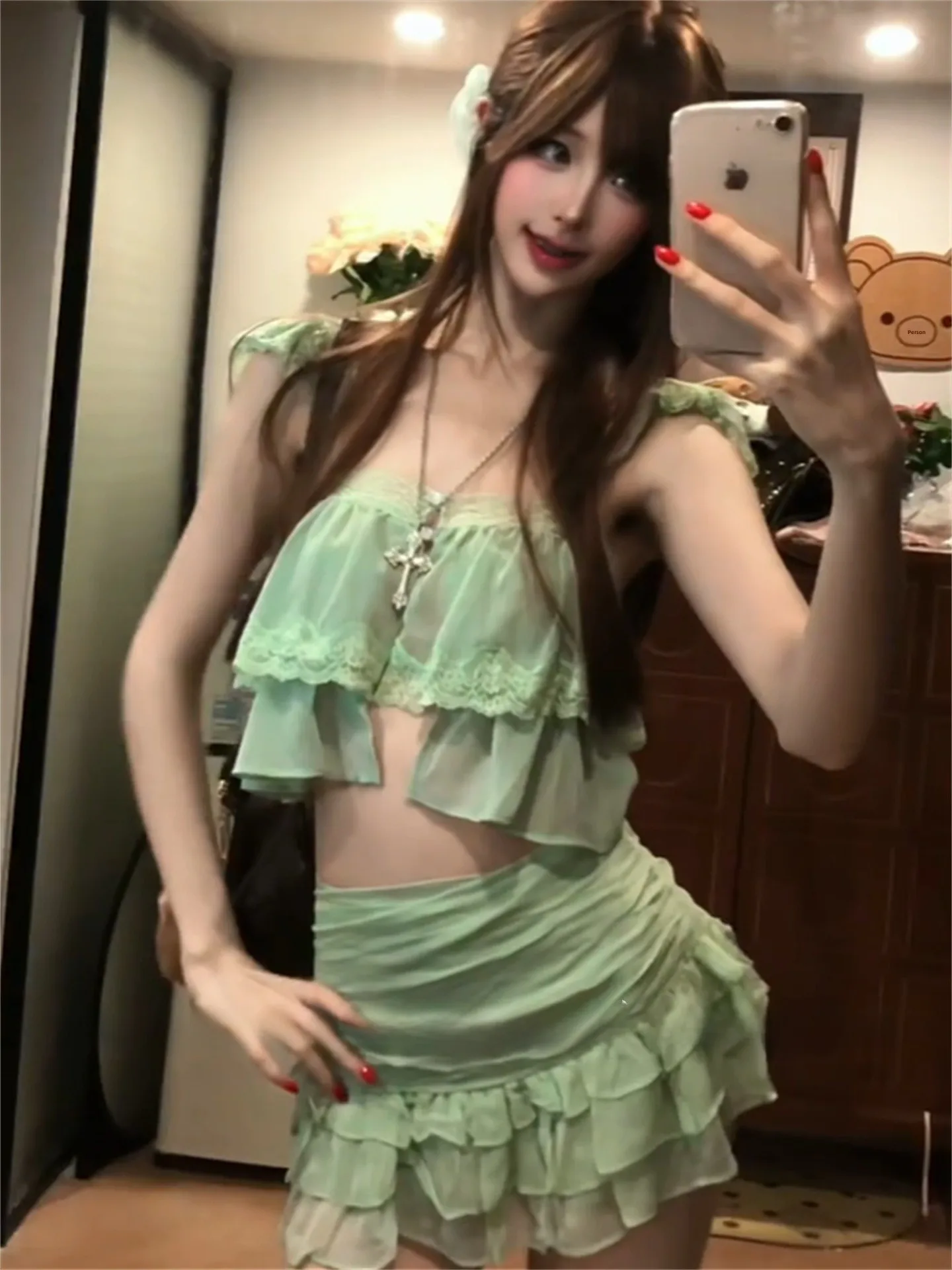 

Sweet Anti-Aging Summer Set Women's Short Strapless Top with Lace Hem A-Line Skirt Two-Piece Suit Fashionable Casual Wear