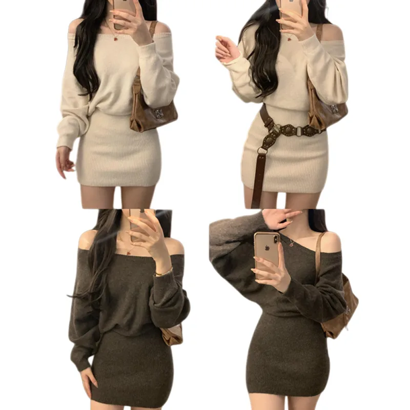Women Knitting Dress With Belt 2025 Autumn New Women's Dress Off The Shoulder Long Sleeve Knit Slim Fit Bodycon Midi Dress