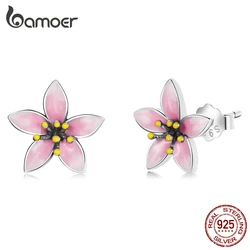 BAMOER Genuine 925 Sterling Silver Elegant Enamel Pink Cherry Blossom Stud Earrings for Women Flower Wedding Jewelry Gift