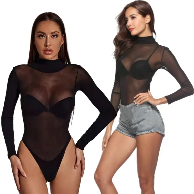 Elastic Women\'s Mesh Bodysuit  Plus Size See Through Stretchy Black Long Sleeve Bodycon One-pieces Bodysuits Tops for Women