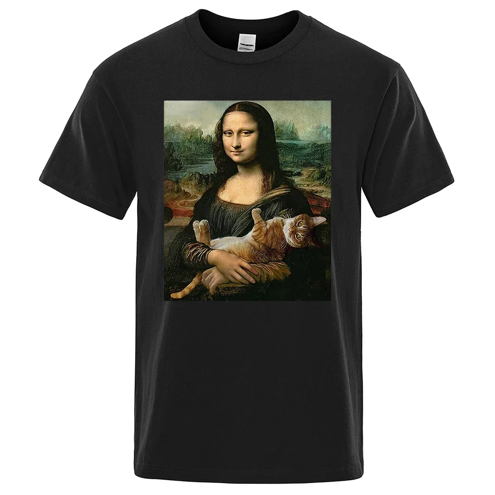 Funny Mona Lisa And Cat Printed T-Shirt For Men Summer Cotton T Shirt Loose Breathable Clothing O-Neck Fashion Casual Short Tees