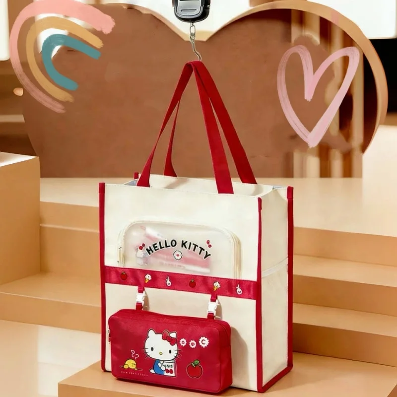 Sanrio Characters Library Tote Bags School Bag Large Capacity Students Canvas Storage File Bag Tutoring Handbag
