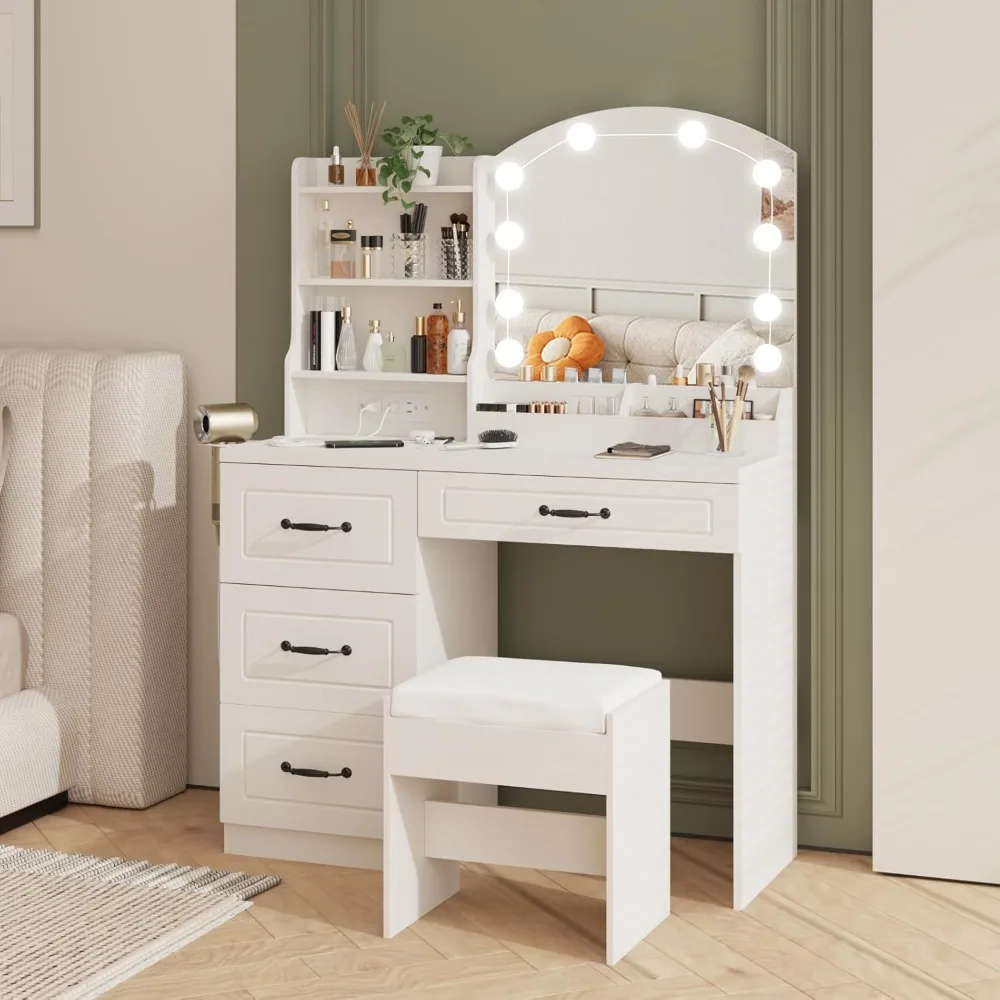 Makeup Vanity with 4 Drawers Lots Storage ，3 Lighting Modes Adjustable Brightness-White