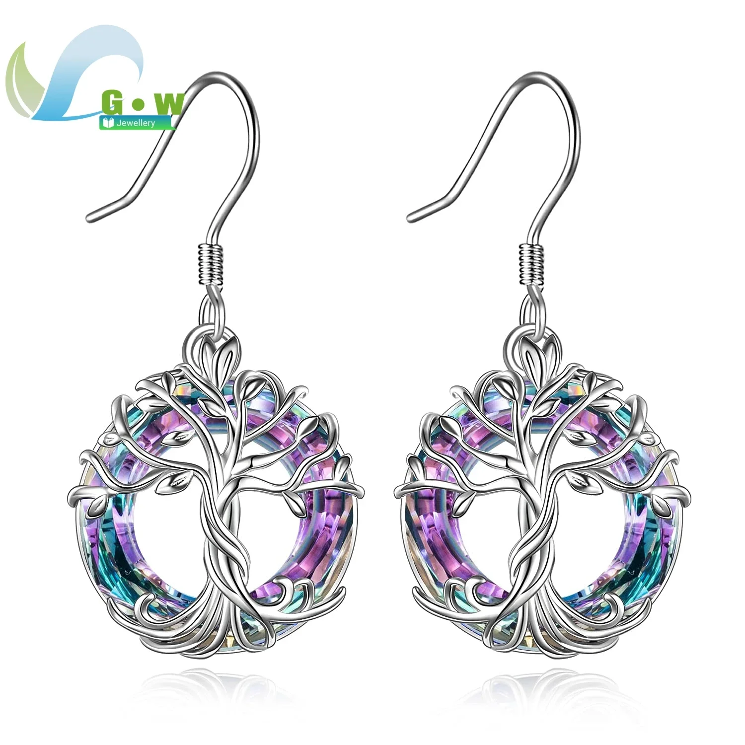 Tree of Life Round Earring Silver Rose Gold Crystal Jewelry Gifts for Women Girls Birthday Anniversary Christmas Mom Daughter
