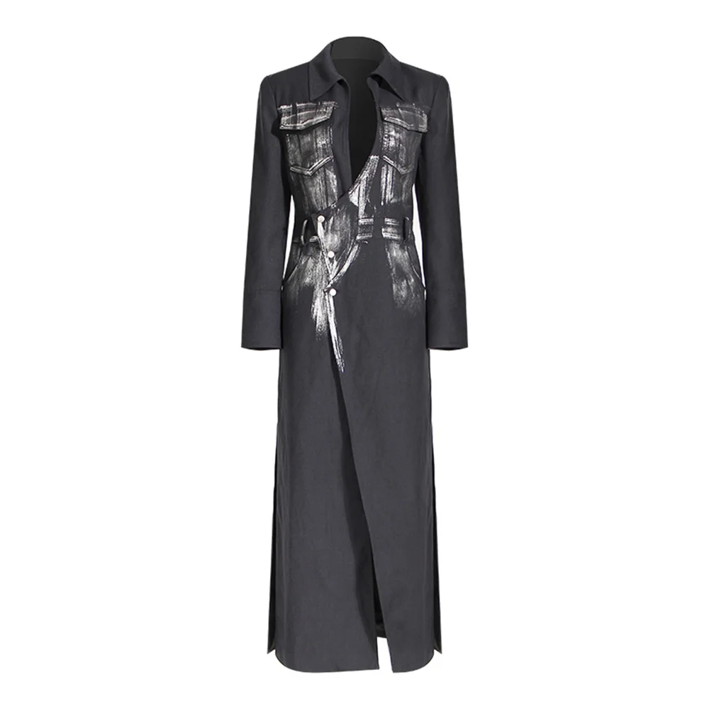 Silver Brushed Long Coat For Women, Turn-over Neckline High Quality Jacket , Autumn Spring Black Suit Coat