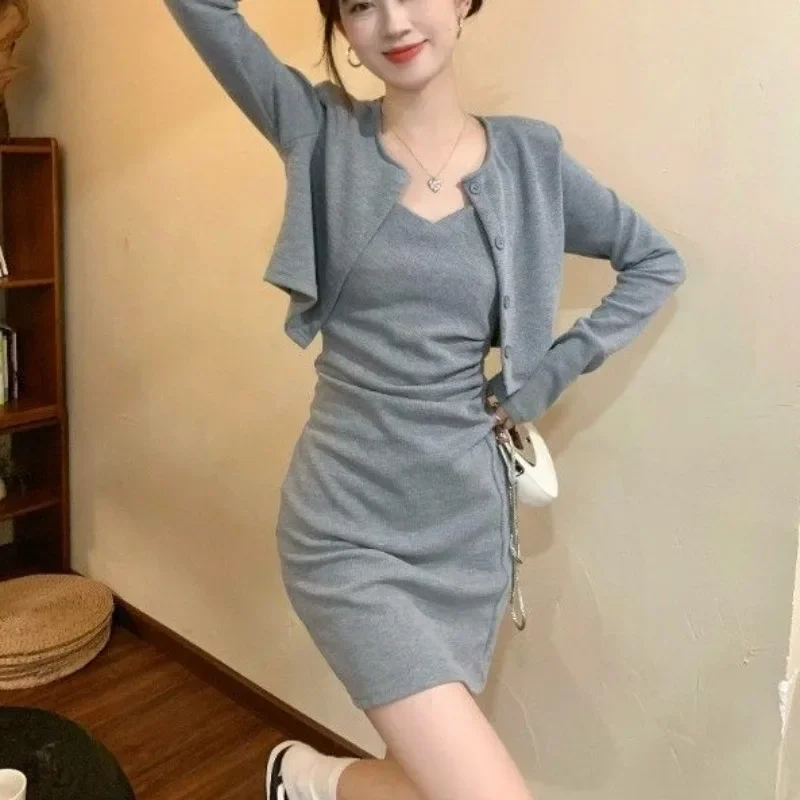 Gray Dress Sexy Mini Short 2 Pieces Sets for Women Mature Woman Outfit Night Club Commuting Long Sleeve Slim Fit New in The Same