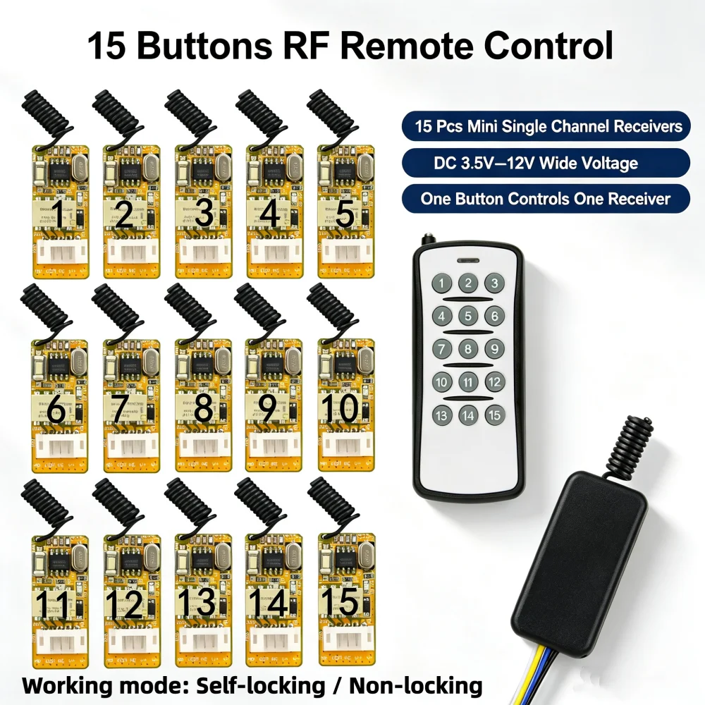 15CH Mini Wireless Remote Control Set Single Channel Receiver for Light Motor Valve DC 3.5V-12V RF Transmitter 15 Pcs