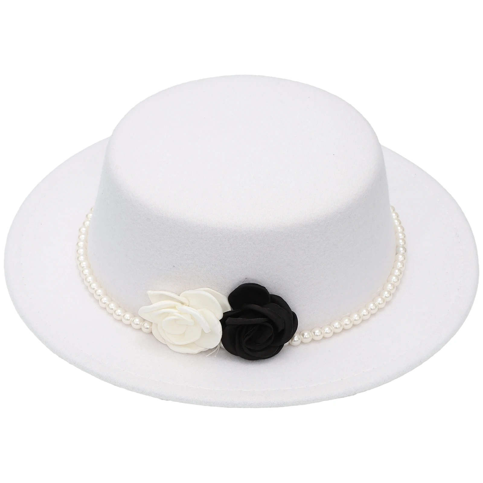 

Fedora Hat for Women Elegant Wide Brim Flat Top Hat Fake Pearls Flowers Decors Ball Banquets Tea Parties Derby Wedding Jazz Hats