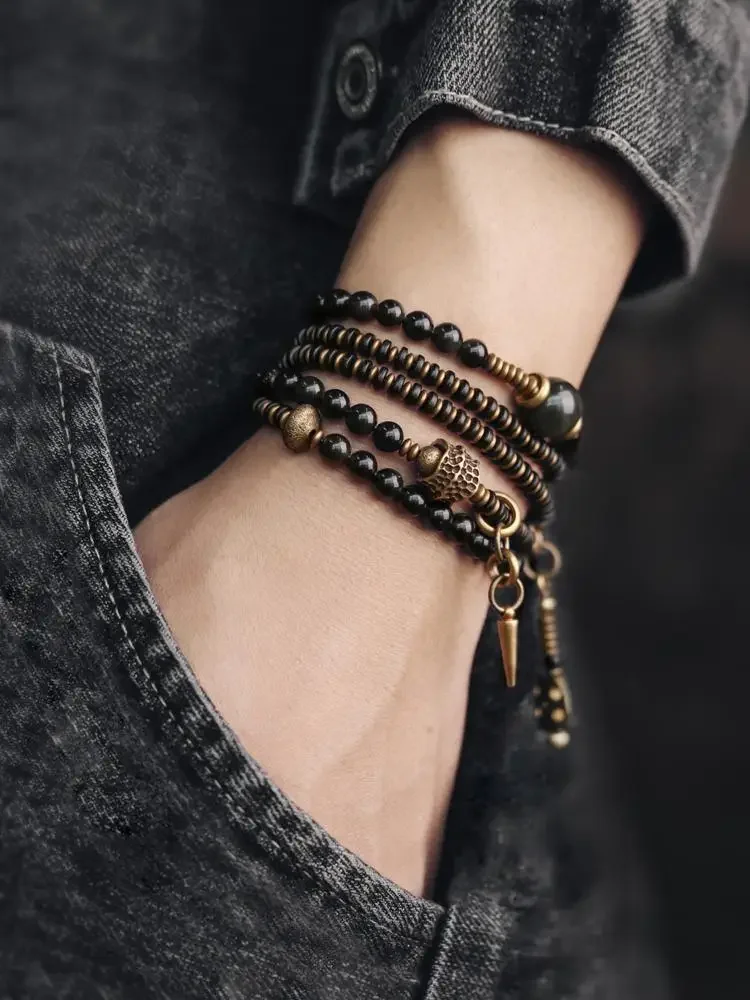 Quwei Flower Retro Colorful Obsidian Multi-layer Bracelet Men's Trendy Personalized Beaded Women's All-match Couple's HandString