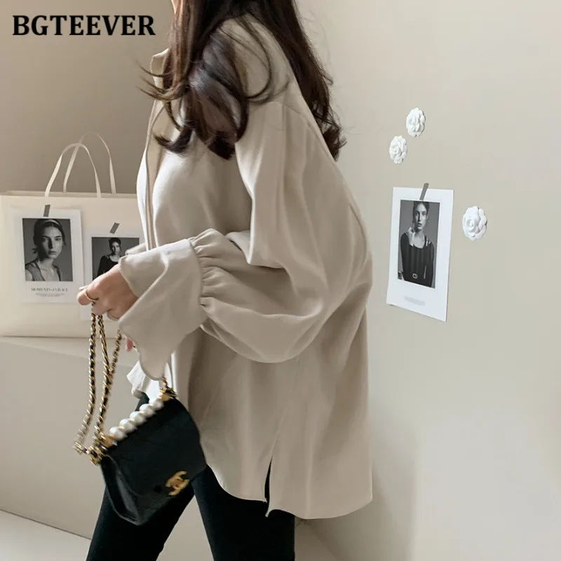 BGTEEVER Elegant V-neck Loose Female Pullovers Blouses Stylish Flare Sleeve Women Chiffon Shirts Autumn Ladies Solid Tops