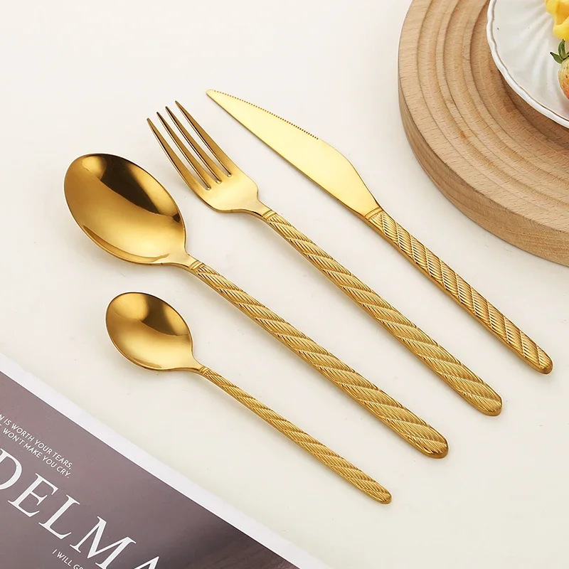 16/24pcs Stainless Steel Cutlery Set Knive Fork Spoon Hemp Rope Handle Dinnerware Tableware Dishwasher Safe Hotel Dinner Party