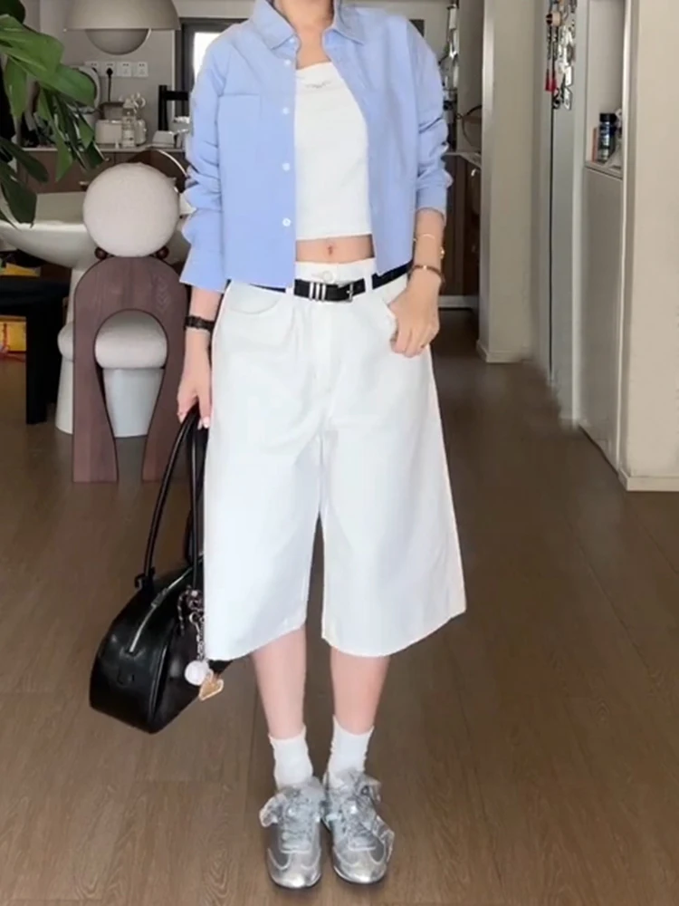 

White High Waist Wide Leg Seven-Five Jeans orts Women's Summer New Loose Slimming Versatile Straight Casual Mid-Length Pants