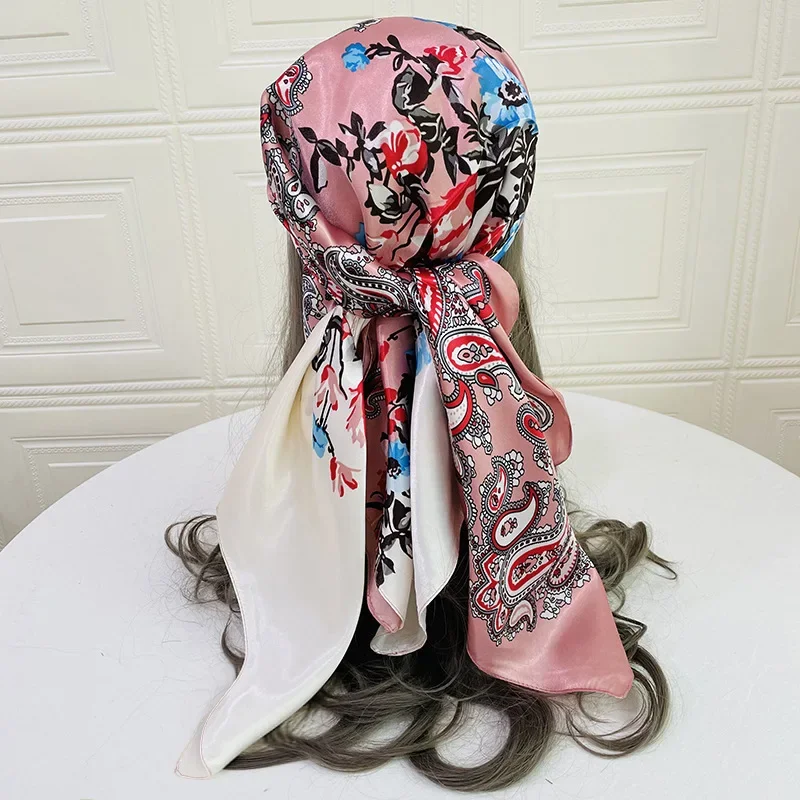 Lenço de seda falsa para mulheres, flor de caju cetim, xale quadrado grande, hijab, bandana, casual, 90cm