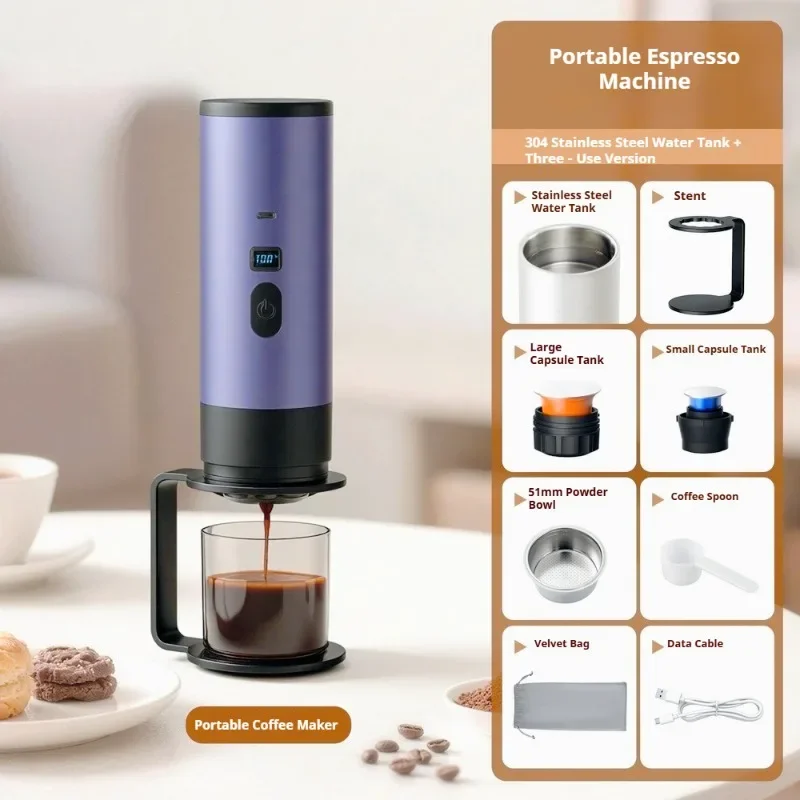 Self-heating stainless steel portable espresso machine Hot water system 7800mAh electric 15 bar pressure, travel outdoor hotel