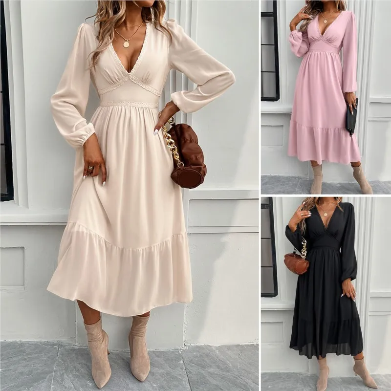 

vestidos largos mujer verano2025 New Women's Long Sleeve Skirt Spring and Autumn Fashion Style Elegant Solid Color V-neck Dress