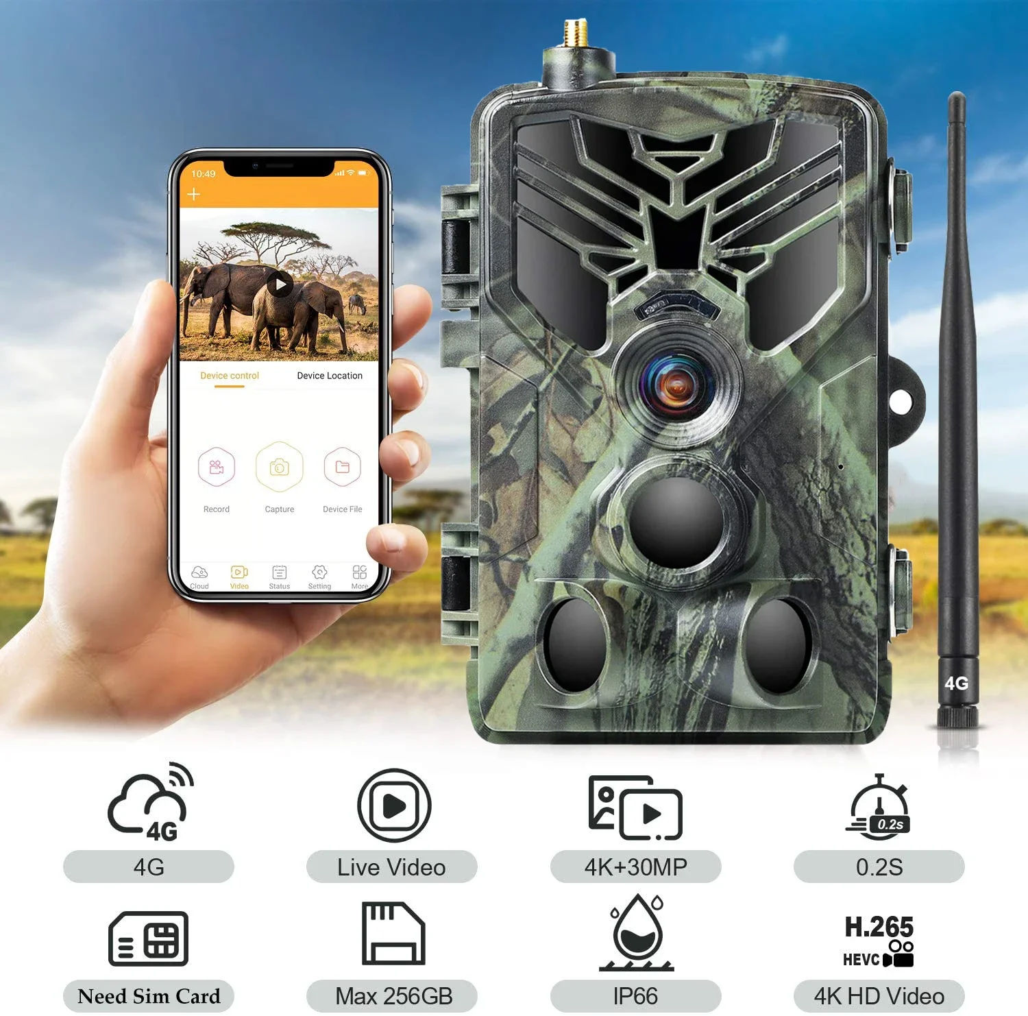 4K 30FPS Live Video APP Trail Night Camera Hunting Cameras Cloud Service 4G Cellular Mobile 36MP Wireless Wildlife Surveillance