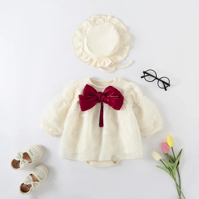 LILIGIRL New Autumn Baby Girls Bodysuit with Hat Infant Big Bow Long Sleeve One Piece Floral Mesh Dress Toddler Clothes  0-24M