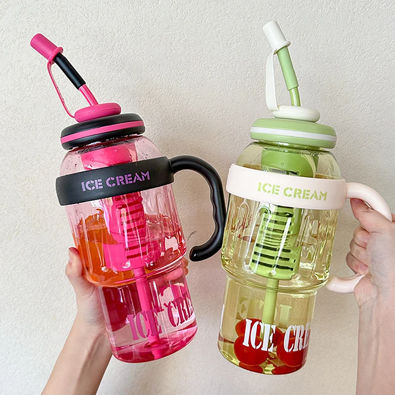 2024 Summer Plastic Cup Milky Tea Cup Lucky Belly Cup Cute Wind Belt Straw Water Bottle With Handle