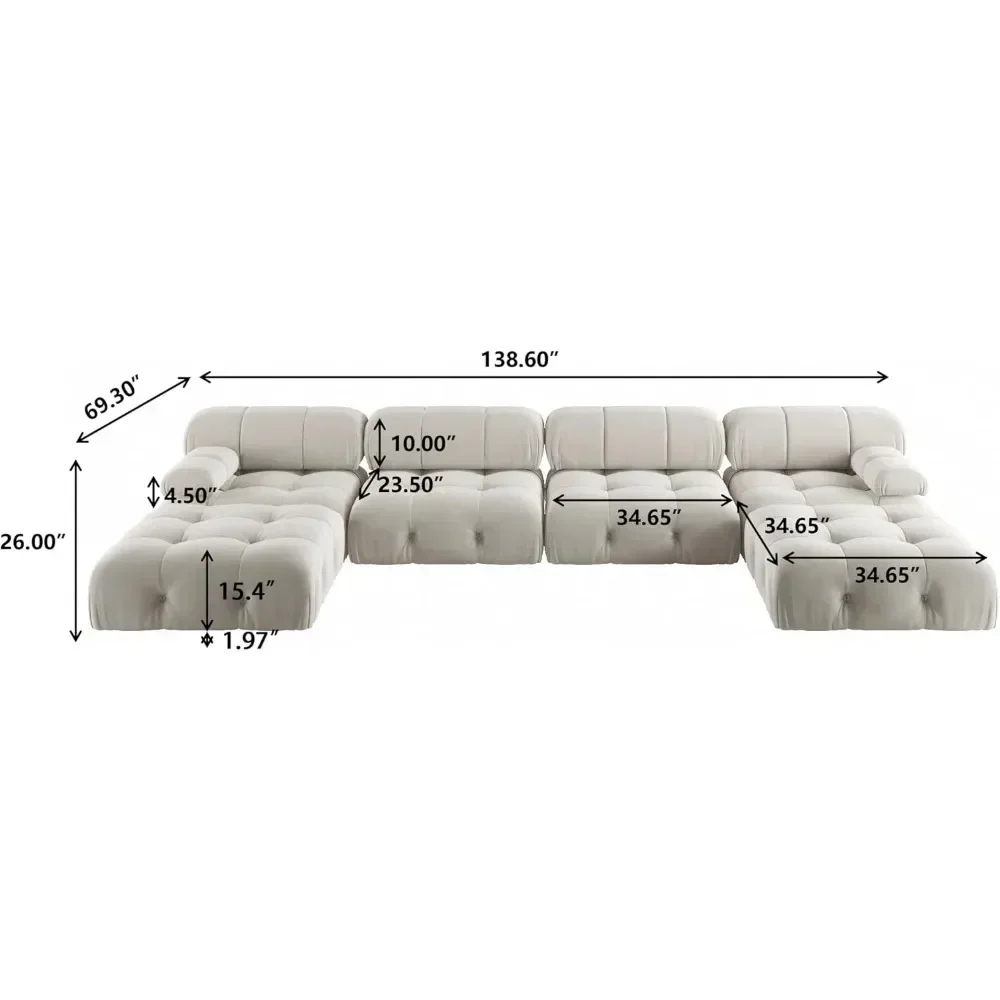 Modern Velvet Combination Sofa, U-shaped Minimalist Modular 6-seater Sofa with 2 Footstools