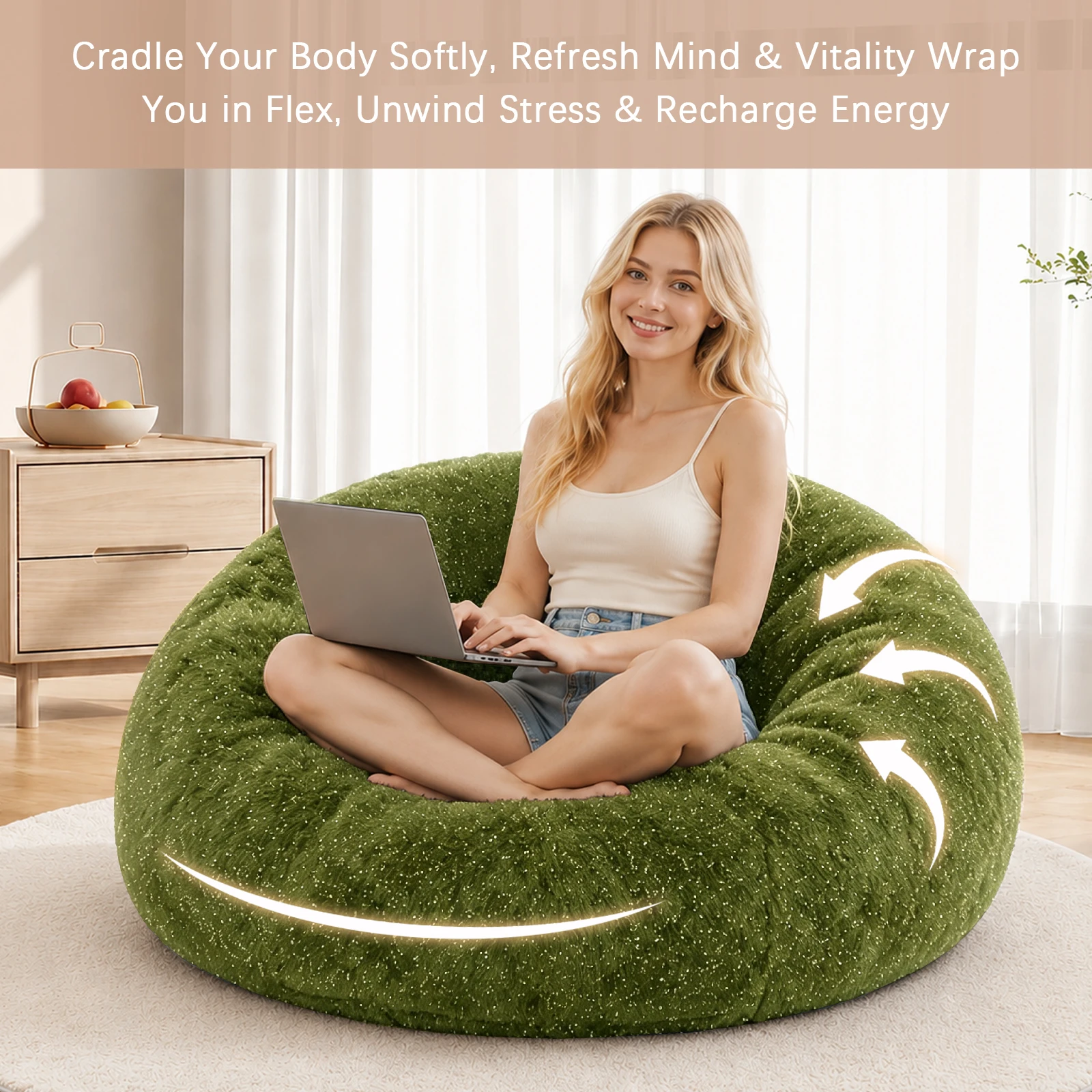 4FT Round Glitter Fluffy Bean Bag Chair, Memory Foam Filled, Washable Zipper Cover Compressed Shipment Bedroom Dorm Gaming