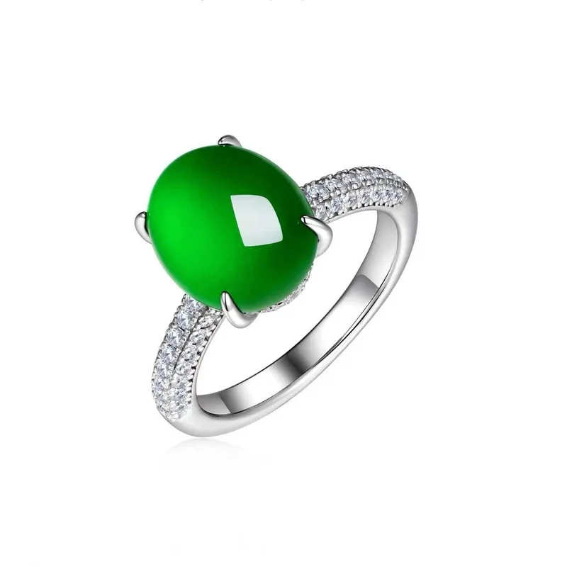 Natural green chalcedony ring for women, silver-plated, -shaped, new Chinese style, high-quality ice-clear glass, pigeon egg