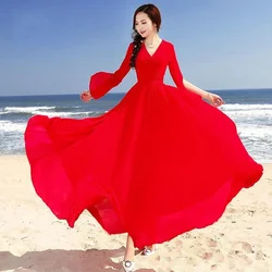 2024New Summer Chiffon Women's Long Dress Fashion V-Neck Split Long Sleeves Solid Bohemian Beach Dress Lady Party Dresses Female