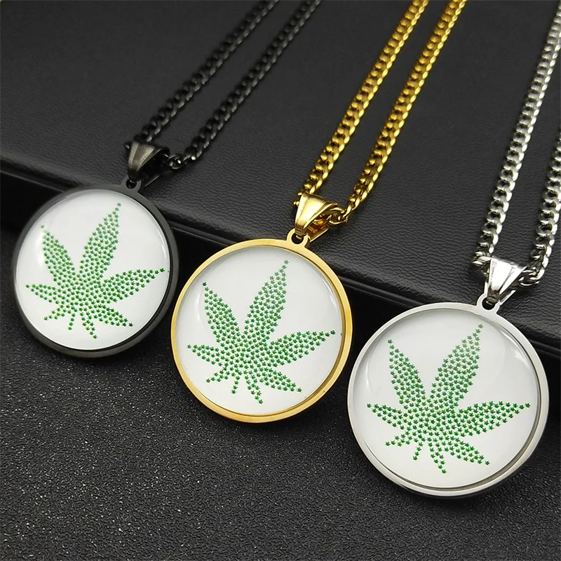 

Trendy Maple Leaves Round Shaped Glass Necklace Pendant for Women Men Gold Color Stainless Steel Chain Lucky Gifts JewelryBL57-2