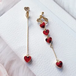 Temperament Simple Wine Red Heart Clip on Earrings No Piercing Long Chian Tassel Ear Clips Earrings for Women Wedding Jewelry