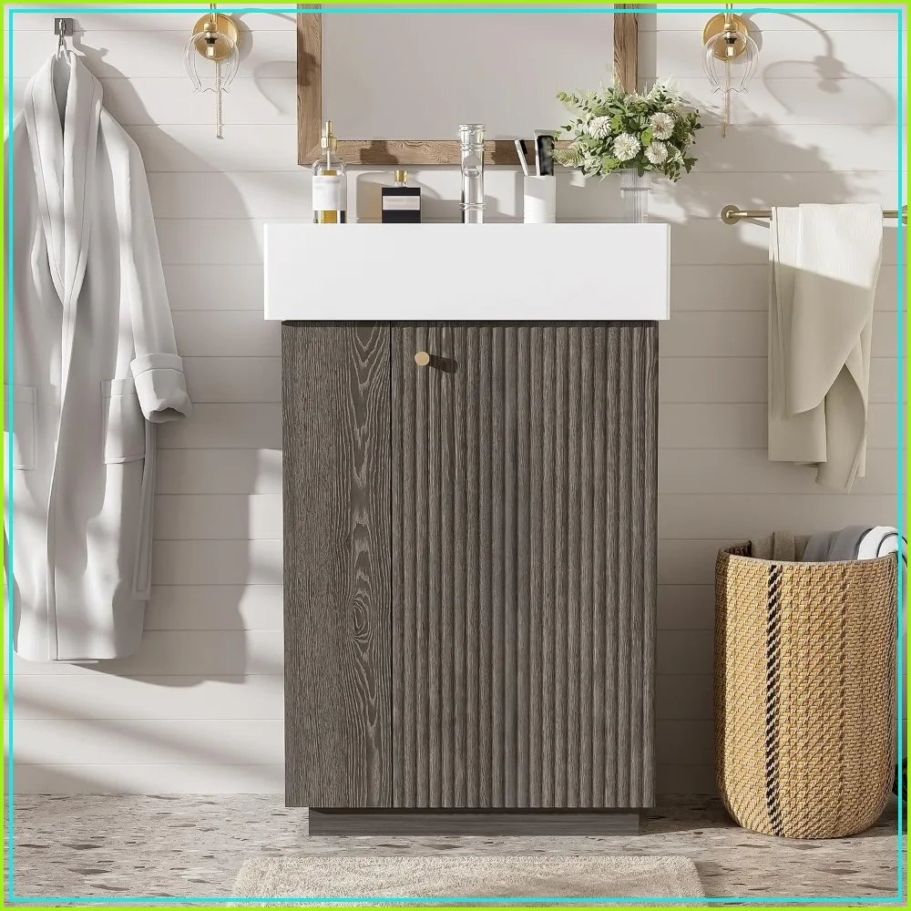 Small Bathroom Vanity with Ceramic Sink, Floor Standing Storage Vanity, Dark Grey