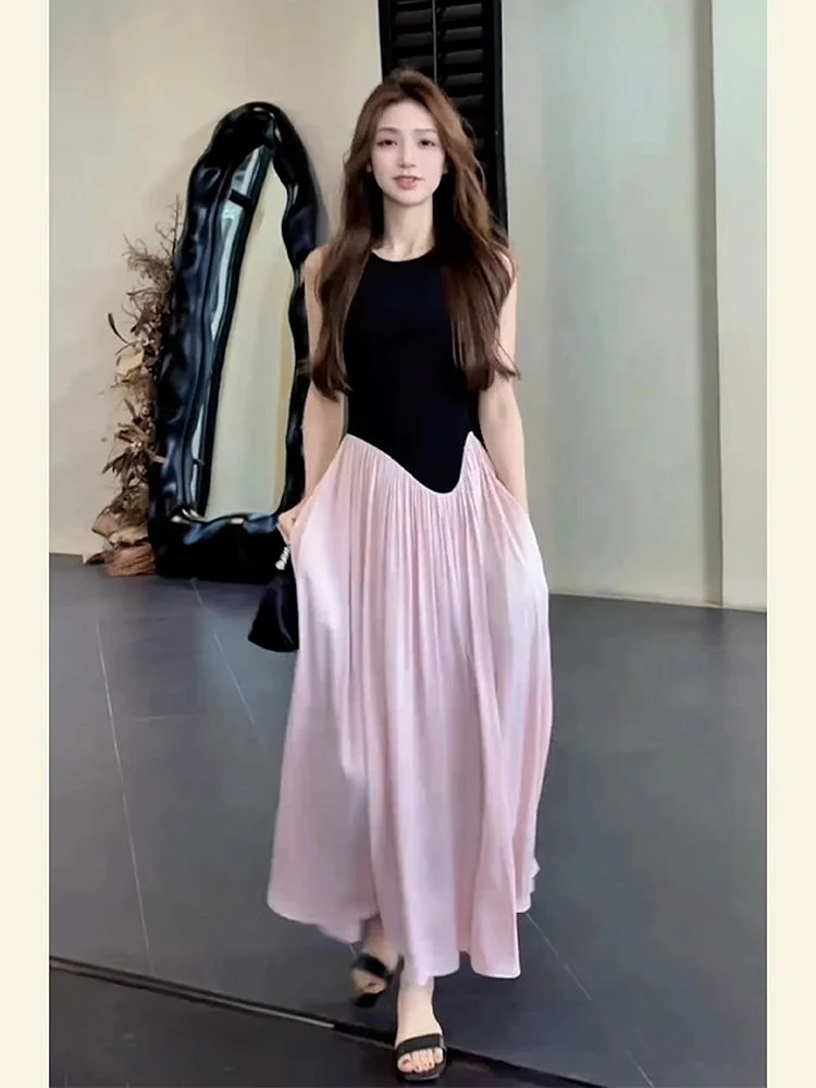 

Summer New Korean Sle Loose Casual Bla Pink Splice Svel Dr Dra Sense Small ence Design Sensation