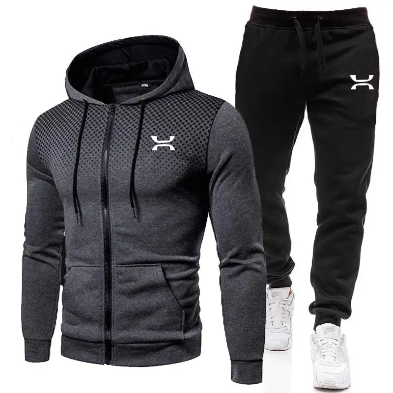 Fall/winter Men's Tracksuit Outdoor Running Sports Casual Men's Clothing Fleece Lined With Hooded Sweatshirt + Sweatpants 2 Set